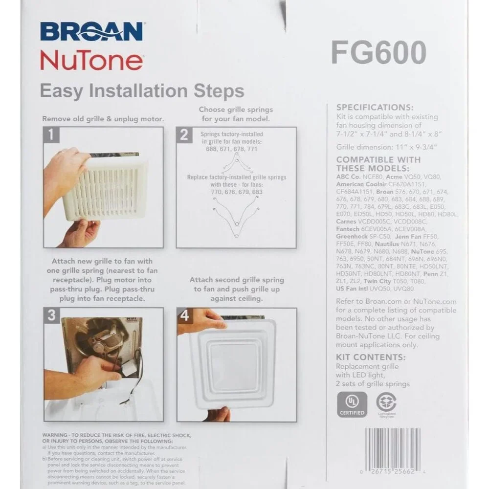 Broan Nutone FG600 Bathroom Exhaust Fan Grille Cover with LED Light in White